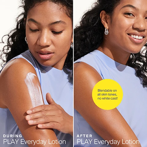 Image 1, during play everyday lotion. after play everyday lotion. blendable on all skin tones and no white cast. image 2, the feel-good sunscreen lotion. protects with SPF 50, made for active days, water and swear resistant for 80 minutes. for face and body. image 3, perfect for active days in the sun. nourishes skin with proven ingredients. helps prevent photoaging and dehydration. protects skin with SPF50. image 4, skin looks hydrated with no white cast. imgage 5, behind the bottle - key ingredients. sunflower extract = helps defend skin from external environmental elements. rosemary and rice bran extracts = provide calming hydration and help condition and soften skin. natural aromatic extracts = basil, eucalyptus and more provide a fresh scent. broad spectrum SPF 50 - protects skin against UVA and UVB rays. image 6, lightweight, water resistant face and body lotion. image 7, jumob pump - 18 fl.oz. original - 5.5 fl.oz. travel = 2.4 fl.oz. image 8, ready, set play. high performance sunscreen for every adventure and activity.