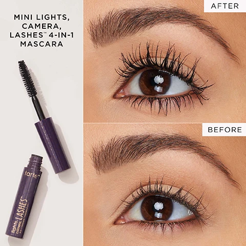 Image 1, mini lights camera lashes 4 in 1 mascara. before and after. image 2, before and after. image 3, 35% increase in lash curl. based on a clinical study of 33 subjects. image 4, 24 hour flake free, smudge proof, longwear. based on a clinical study of 33 subjects. image 5, instant lash lift. 2 in 1 wand. short bristles - intensely volumise. long bristles - instantly curl. image 6, powered by: provitamin B5 - hydrates lashes. olive esters = condition and protect. rice bran wax = lengthens appearance.
