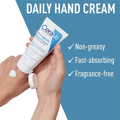 Image 1, daily hand cream, non greasy, fast absorbing, fragrance free. Image 2, ingredients and their benefits