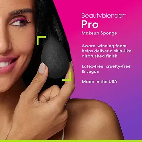 Image 1, pro makeup spinge. award winning foam helps deliver a skin like airbrushed finish. latex free, cruelty free and vegan. made in the USA. image 2, multi use 360 to meet the various needs of makeup. precision tip for hard to reach areas. rounded side for neck and high points of the face. flat bottom for all over coverage. image 3, foam like no other. pore like texture mimics skin edgless streak free application. works with liquids, creams and powders. image 4, wet to prep - expands and softens for the best blend. image 5, size matters. micro mini = teeny tiny for precision blending under the eyes and around the nose. beauty blusher = mid sized to perfectly fit cheeks for blush and highlighter application. beauty blender = ideal for large surface blending all over the face. image 6, award winning foam. absorbs water and makeup stays on outside. Image 7, Filler-and latex-free for ultimate plushness & bounce dupe vs Beautyblender Rubbery, stiff, cheap filler