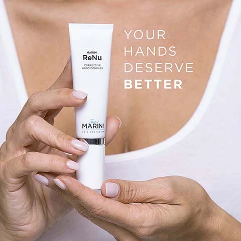 Image 1, your hands deserve better. Image 2, marini renu, anti aging = decreases the appearance of wrinkles and uneven texture. lightens - actively lightens discoloration, antioxidants - promote a more youthful appearance.