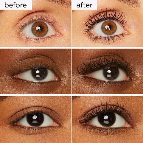 Image 1 and 2, before and after. image 3, vegan confidence boosting mascara. 16 hour flake free wear. 100% said it didn't smudge. 97% said their lashes looked instantly bigger and more dramatic. based on a consumer panel study of 32 subjects. based on a consumer panel study of 32 subjects after 2 weeks. image 4, confidense booster brush. hourglass shape, hugs lashline. twisted double fiber bristles for max pigment. image 5, travel size, full size. image 6, powered by glycerin, babassu, vitamin B5, hydroxythylcellulose and sunflower seed wax.