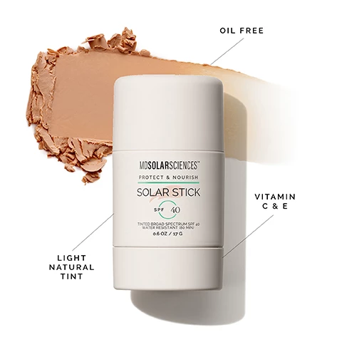 Image 1, oil free, vitamin c and e, light natural tint. Image 2, an award winner for a reason. 100% mineral sunscreen, portable and convenient, hands free applying (and reapplying) matte even coverage, sunkissed glow, perfect for hard to reach spots like under eyes, water resistant.