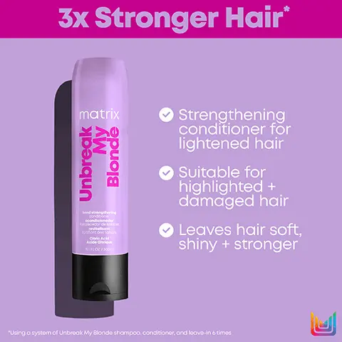 Image 1, 3x Stronger Hair matrix Unbreak My Blonde bond strengthering talecedor de e revitalis CA desons 10: FLO2/300 Strengthening conditioner for lightened hair Suitable for highlighted + damaged hair Leaves hair soft, shiny + stronger "Using a system of Unbreak My Blonde shampoo, conditioner, and leave-in 6 times Image 2, Unbreak My Blonde Revives damaged, over-processed hair and reduces breakage for 3x stronger hair* Strengthen Restore matrix matrix My Blonde Unbreak Unbreak Blondy Strengthening Shampoo Strengthening Conditioner Leave-In Treatment "Using a system of Unbreak My Blonde shampoo, conditioner, and leave-in 6 times vs. non-conditioning shampoo Revive matrix My Unbreak Blonde Image 3, total results matrix matrix Unbreak My Blonde 103 FLO2/300 New Look! Same Great Formula My Blonde Unbreak bond strengthening conditioner condicionador fotorecedor de ens revitalisom frant des Citric Acid Acide Citrique 101FLO2/300