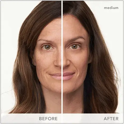 Image 1, before and after. image 2, provides a light coverage with a natural finish. soothes skin and reduces the appearance of fine lines. blends in easily and feels weightless on skin. provides SPF 15 broad spectrum UVA/UVB sun protection