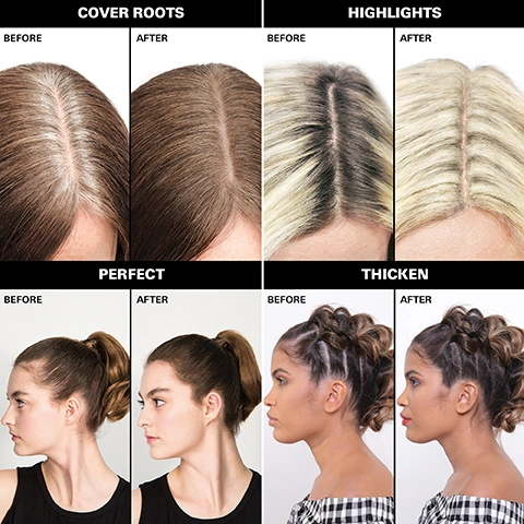 Image 4 - Image showing four pairs of hair transformation photos: the top row presents Cover Roots with before and after images of hair color improvement, the second row titled Perfect displays women in profiles with ponytails pre and post styling, and the last row labeled Thicken features women with before and after braided hairstyles.