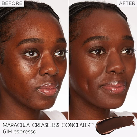 Image 1, before and after maracuja creaseless concealer. image 2, maracuja creaseless concealer tackles your beauty boundaries. before and after dark circles and hyperpigmentation. before and after acne and texture. before and after redness and imperfections. before and after fine lines and dullness. image 3, maracuja for firmer, brighter smoother looking skin. vitamin c and e, help protect skin from free radicals and promote an even glowy finish. mineral pigments helps smooth and soften. image 4, don't need a lot just 1 dot. image 5, waterproof. 16 hour longwear and hydration. based on a clinical study of 30 subjects. image 5, miracle of maracuja. essential fatty acids for hydrated, plumper and younger looking skin. vitamin c promotes collagen production for firmer, brighter smoother looking skin. antioxidants, help battle effects of sun damage and pollution. image 6, each product lifts up the women who sustainably harvest maracuja in an all female cooperative.