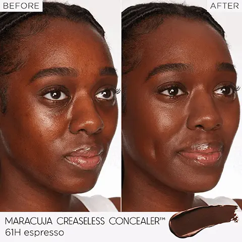 Image 1, before and after maracuja creaseless concealer. image 2, MARACUJA for firmer, brighter, smoother looking skin VITAMIN C + E help protect skin from free radicals & promote an even glowy finish torte tarte tame MINERAL PIGMENTS help smooth & soften CREASELESS concerter concealer CREASELESS concealer Image 3, CREASELESS DON'T NEED A LOT, JUST 1 DOT Image 4, waterproof 16 hr longewear and hydration