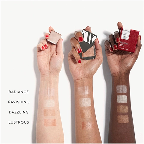 swatches of radiance, ravishing, dazzling and lustrous on three different skin tones