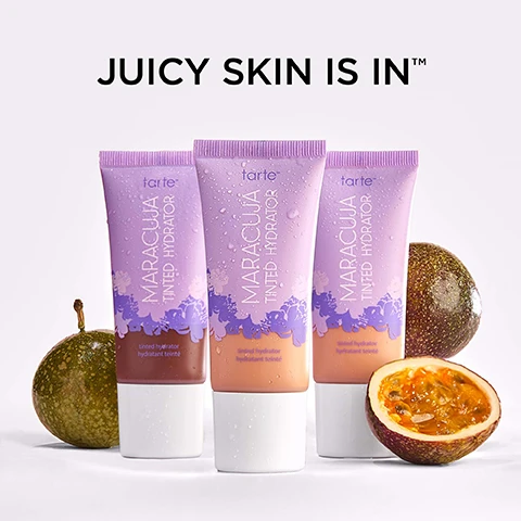 image 1, juicy skin is in. image 2, find your maracuja match. maracuja juicy glow skin tint = medium flexiable coverage, dewy radiant finish, 16 hour longwear and waterproof. maracuja tinted moisturiser = light buildable coverage, natural radiant finish, 12 hour hydration and longwear.