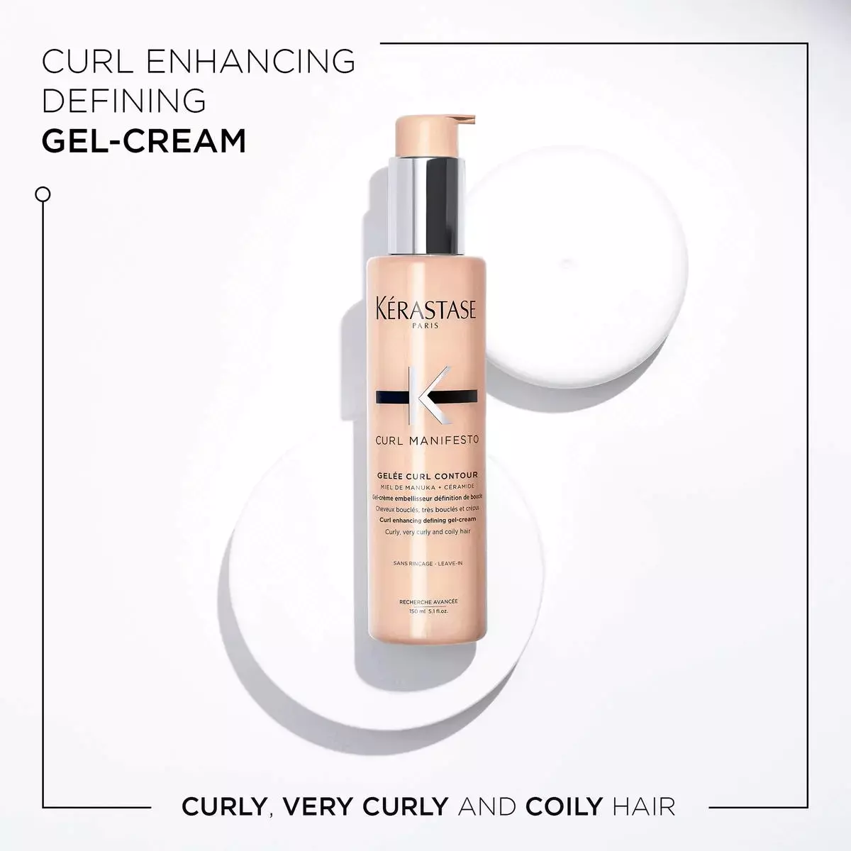  Image 1, Curl Enhancing defining gel-cream- curly, very curly and coily hair. Image 2, Curl Manifesto, up to 87% stronger curls, more nourishment, more curl definition. Image 3, Key ingredients, ceramide, manuka honey. Image 4, Before and After image- Illustration of the anticipated results obtained after applying the products bain hydrant douceur fondant hydration essentielle, creme de jour fondamentale and gelee Curl contour after one use and styling. Results may vary from one individual to another.