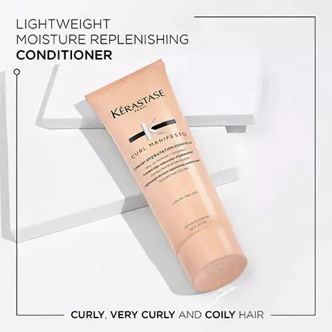  Image 1, Lightweight moisture replenishing conditioner- curly, very curly and coily hair. Image 2, Curl Manifesto, up to 87% stronger curls, more nourishment, more curl definition. Image 3, Key ingredients, ceramide, manuka honey. Image 4, Before and After image- Illustration of the anticipated results obtained after applying the products bain hydrant douceur fondant hydration essentielle, creme de jour fondamentale and gelee Curl contour after one use and styling. Results may vary from one individual to another.