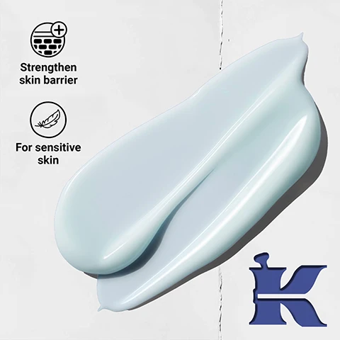 Image 1 - A light blue cream swatch is shown on a white background with two icons: a brick wall with a plus sign for Strengthen skin barrier, and a feather for For sensitive skin, alongside a blue K logo. Image 2 - A blue background with a torn texture down the middle features three black labels with white text on the left reading FAST ABSORBING HYDRATION To Invigorate Dull Skin, and a blue Kiehls Facial Fuel tube on the right reading SINCE KIEHLS 1851 For a Refuel Land at Kiehls FACIAL FUEL ENERGIZING MOISTURE TREATMENT FOR MEN 2.5 fl. oz. - 75 ml. Image 3 - The image displays a blue background with a petri dish of clear liquid, a molecular structure diagram, and chestnuts, along with the text Our Formula With: Vitamin C Caffeine Chestnut Extract.
