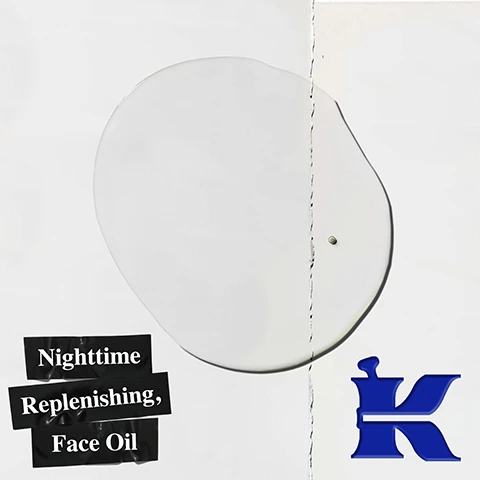 Image 1 - A large clear drop of liquid is shown on a white background with a vertical torn line, alongside black labels reading Nighttime, Replenishing, Face Oil, and a blue stylized letter K. Image 2 - A dark blue Kiehls Midnight Recovery Concentrate bottle is displayed on the right of a blue background, while on the left, consumer test results show 90% Agree skin looks nourished*, 80% Agree fine lines appear reduced*, and 84% Agree skin looks more glowy*; the bottle itself is labeled Kiehls Since 1851 Midnight Recovery Concentrate A Replenishing Elixir of Pure Essential Oils and Distilled Botanicals for Radiant, Younger-Looking Skin by Morning 1.0 fl. oz. - 30 ml, with the footnote Consumer test, 52 subjects over 4 weeks. Image 3 - An image on a blue background illustrates the ingredients with visuals of purple lavender, yellow liquid in a bowl, and yellow evening primrose flowers, accompanied by the text Our Formula With: Lavender Essential Oil Botanical Blend Evening Primrose.