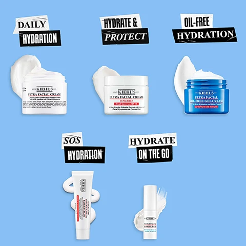 image 1, daily hydration, hydrate and protect, oil free hydration, sos hydration, hydrate on the go. image 2, 1 = cleanse. 2 = hydrate. 3 = treat