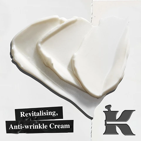 Image 1 - A textured swatch of white cream is displayed on a light background, with the text Revitalising, Anti-wrinkle Cream and a stylized letter K. Image 2 - A Kiehls Age Defender Cream Moisturizer jar with white cream is on the right side of a dark gray background, while text on the left states LIFTS & FIRMS skin visibly and MINIMISES appearance of fine lines & wrinkles, and the jar label reads SINCE KIEHLS 1851, AGE DEFENDER CREAM MOISTURIZER FIRMING, LIFTING, ANTI-WRINKLE TREATMENT FOR MEN 1.7 FL. OZ. / 50 ML. Image 3 - An image on a dark grey background showcasing skincare ingredients, featuring two framed photos: one of brown linseed pods on a plant and another of clear liquid drops, with several loose coffee beans scattered around them, and the text Our Formula With: Linseed Extract Caffeine Capryloyl Salicylic Acid (LHA).