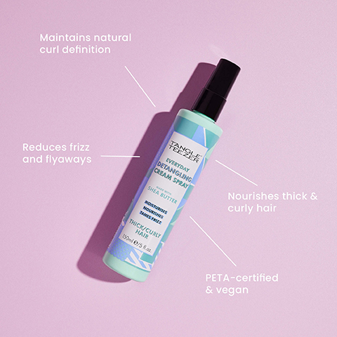 Maintains natural curl definition Reduces frizz and flyaways NGL EVERYDAY DETANGLING CREAM SPRAY SHEA A BUTTER MOISTURISES NOURISHES TAMES FRIZE THICK/CURLY HAIR 150ml e/5 8.0 Nourishes thick & curly hair PETA-certified & vegan