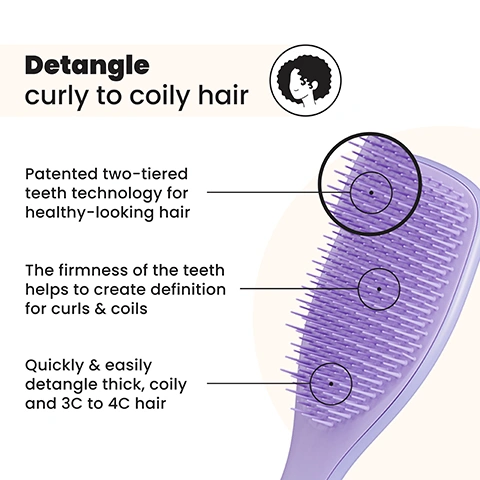 Image 1 - A light purple detangling hairbrush is shown with text explaining its features and use, including Detangle curly to coily hair, Patented two-tiered teeth technology for healthy-looking hair, The firmness of the teeth helps to create definition for curls & coils, and Quickly & easily detangle thick, coily and 3C to 4C hair. Image 2 - A person with curly dark hair brushes it with a purple hairbrush, with text that reads Firmer-flex teeth for curly, coily or thick hair. Image 3 - A purple hairbrush is displayed with five benefits listed next to it: Less breakage for defined bouncy curls & coils, Quick & effortless detangling, Enhances curl pattern, Ideal for wet or dry hair, Brush through treatments. Image 4 - A before and after image of a persons curly hair, showing frizzy, undefined hair on the left labeled BEFORE and smooth, defined hair on the right labeled AFTER, with text stating 83% of users found it compatible with their hair type*, 83% agree that it easily removes knots and tangles*, and *102 US respondents aged 16-45 after 2 weeks (2020). Image 5 - The image displays three hairbrush sizes: Mini, Regular, and Large, each showing dimensions and icons for suitable hair types; the Mini measures 15.5cm by 5.3cm and is for Fine and Straight-Wavy hair; the purple Regular brush measures 21.1cm by 6.6cm, is for Fine, Straight-Wavy, and Curly-Coily hair, and includes text For daily detangling; the Large brush measures 23.6cm by 7.9cm and is for Fine, Straight-Wavy, Thick & Long, and Curly-Coily hair. Image 6 - Four women with diverse curly and coily hair types are featured in a grid, with the text FOR ALL CURLS AND COILS displayed across the center. Image 7 - A collage of four close-up images showing different textures of curly and coily hair in shades of blonde, brown, and black, with text in the center reading FOR ALL CURLS AND COILS.