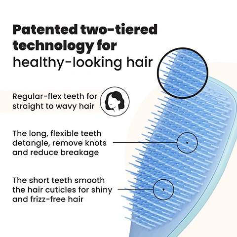 Image 1 - An infographic shows a close-up of a light blue hairbrush with two different lengths of bristles, explaining Patented two-tiered technology for healthy-looking hair, Regular-flex teeth for straight to wavy hair, with long flexible teeth that detangle, remove knots and reduce breakage, and short teeth that smooth the hair cuticles for shiny and frizz-free hair. Image 2 - A smiling woman with dark wavy hair holds a light blue detangling brush to her head, with the text Regular-flex teeth for straight to wavy hair displayed on the left. Image 3 - A light blue detangling hairbrush with blue bristles is shown alongside five benefits: Less breakage for smooth & healthy looking hair, Quick & effortless detangling, Ideal for wet or dry hair, Smooths frizz & flyaways, Brush through treatments. Image 4 - A split image shows the back of a person with long blonde hair, with the left side labeled BEFORE depicting tangled hair and the right side labeled AFTER showing smooth hair, accompanied by text that reads 75% experienced no tugging, pulling or pain when brushing* and 80% agree that they have fewer knots and tangles*, with an asterisk disclaimer stating *120 UK respondents aged 16-40 after 2 weeks (2017). Image 5 - A graphic displays three hairbrush sizes, Mini, Regular, and Large, with dimensions and suitable hair types; the Mini brush is 15.5cm high and 5.3cm wide for Fine and Straight - Wavy hair; the Regular light blue brush is 21.1cm high and 6.6cm wide for Fine, Straight - Wavy, and Curly - Coily hair with text For daily detangling; and the Large brush is 23.6cm high and 7.9cm wide for Fine, Straight - Wavy, Thick & Long, and Curly - Coily hair.