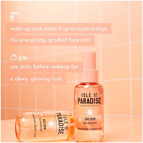 Image 1, wake up and shake it up to supercharge this energizing gradual face mist. am = use before makeup for a dewy, glowing look. Image 2, combines lemon, rosemary and sage oils to awaken your senses. hyaluronic acid and glycerin hydrate, plump and lock in moisture.
