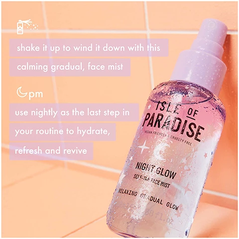 Image 1, shake it up to wind it down with this calming gradual face mist. use nightly as the last step in your routine to hydrate, refresh and hydrate and revive. Image 2, soothing blend on ylang ylang, jasmine and lavender to help relax the mind, body and soul. hyaluronic acid and glycerin hydrate plump and lock in moisture while you reset and recharge.