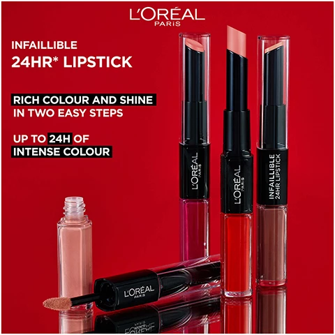 Image 1, infaillible 24 hour lipstick. rich colour and shine in two easy steps. up to 24 hours of intense color. image 2, step 1 - fill your lips with rich transfer proof color. step 2 - add shine to your lips with shimmering top coat. image 3, available in a wide selection of dreamy shades