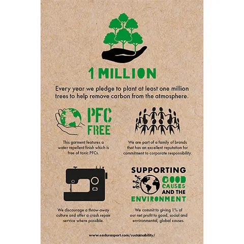 1 MILLION
              Every year we pledge to plant at least one million trees to help remove carbon from the atmosphere.
              PFC FREE
              This garment features a water repellent finish which is free of toxic PFCs.
              We discourage a throw-away culture and offer a crash repair service where possible.
              We are part of a family of brands that has an excellent reputation for commitment to corporate responsibility.
              SUPPORTING
              GOOD
              CAUSES
              AND THE
              ENVIRONMENT
              We commit to giving 1% of our net profit to good, social and environmental, global causes.
              www.endurasport.com/sustainability/