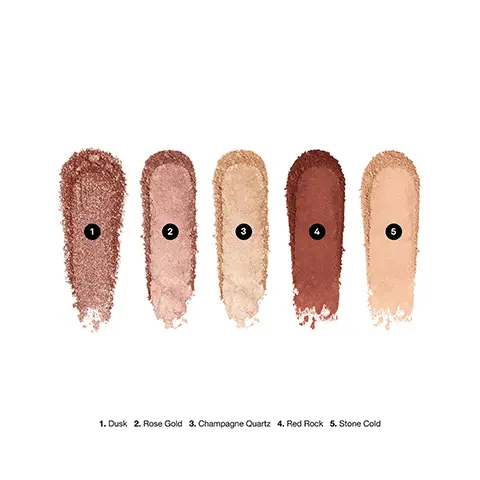 Image 1,Place in the Sun Eyeshadow Palette shades swatches. Image 2, Model arm swatch of all shades in the palette