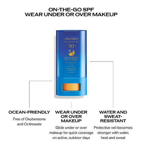ON-THE-GO SPF WEAR UNDER OR OVER MAKEUP SHISEIDO Clear Sucre Sk 50+ SynchroShield OCEAN-FRIENDLY Free of Oxybenzone and Octinoxate WEAR UNDER OR OVER MAKEUP Glide under or over makeup for quick coverage on active, outdoor days WATER AND SWEAT- RESISTANT Protective veil becomes stronger with water, heat and sweat