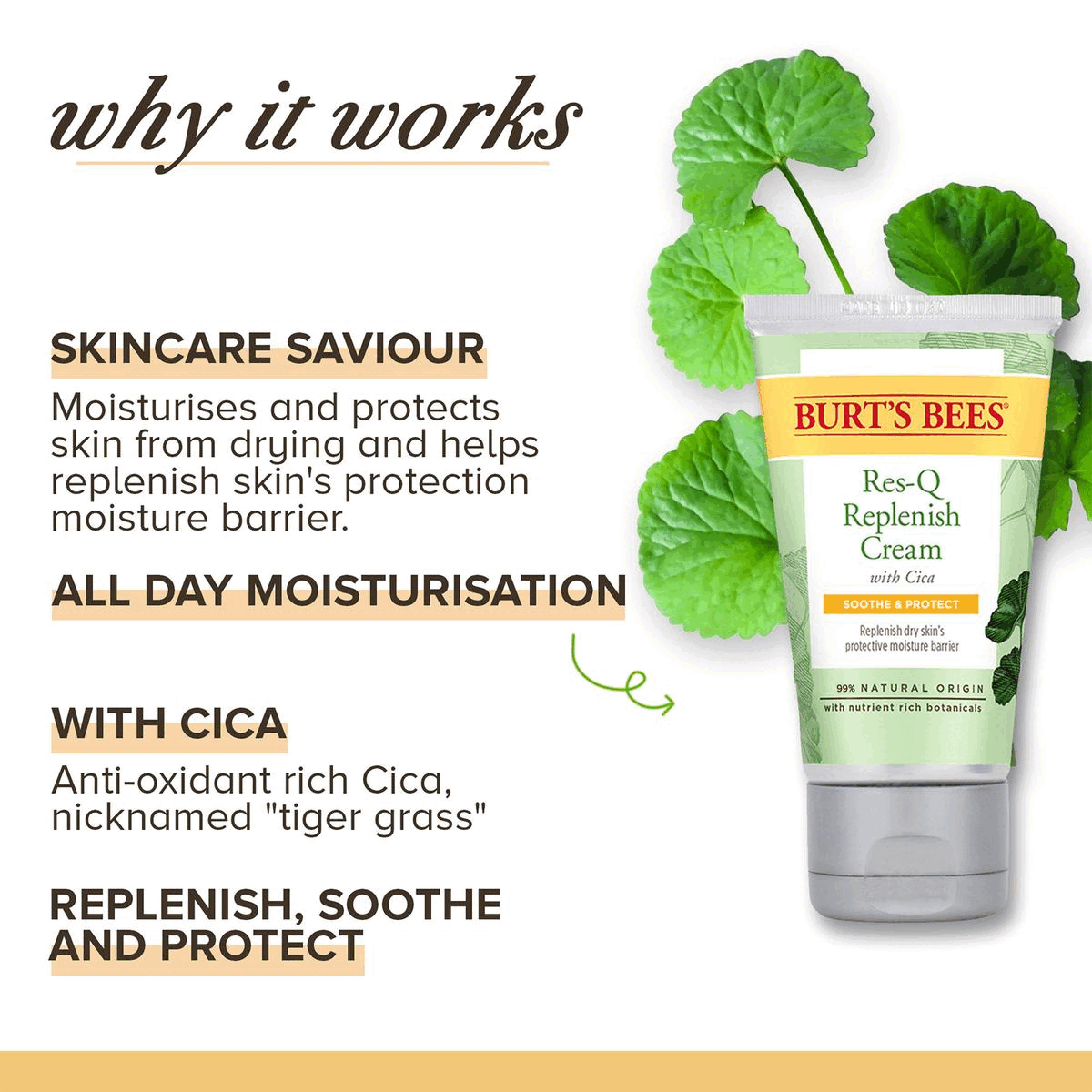 
            why it works, skincare saviour moisturises and protects skin from drying and helps replenish skin's protection moisture barrier,
            all day moisturisation,
            with cica anti-oxidant rich cica, nicknamed tiger grass,
            KIND TO SKIN & PLANET SINCE 1984 
            Ingredients From Nature 
            Leaping Bunny Certified 
            Landfill-free Operations 
            oiA 
            Responsible Sourcing 
            Recyclable Packaging
            
