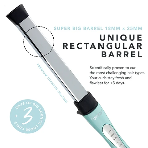 Image 1, super big barrel, 18mm x 25mm. unique rectangular barrel. scientifically proven to curl the most challenging hair types. your curls stay fresh and flawless for 3 plus day. premium titanium coating. +3 days of big bouncy loose curls. image 2, heats up to 210 degrees. super fast styling. full digital temperature control created for all hair types. heats up under 30 seconds. image 3, before and after. image 4, curls the most challenging hair types. curls freshly washed hair. patented super thick rectangular barrel. image 5, doubles your natural hair volume. curls all hair types. 96% would swap their existing curling iron. image 6, rectangular technology. get 3 times stronger, longer lasting curls. for luxury shine, reduces curl drop, locks in moisture.