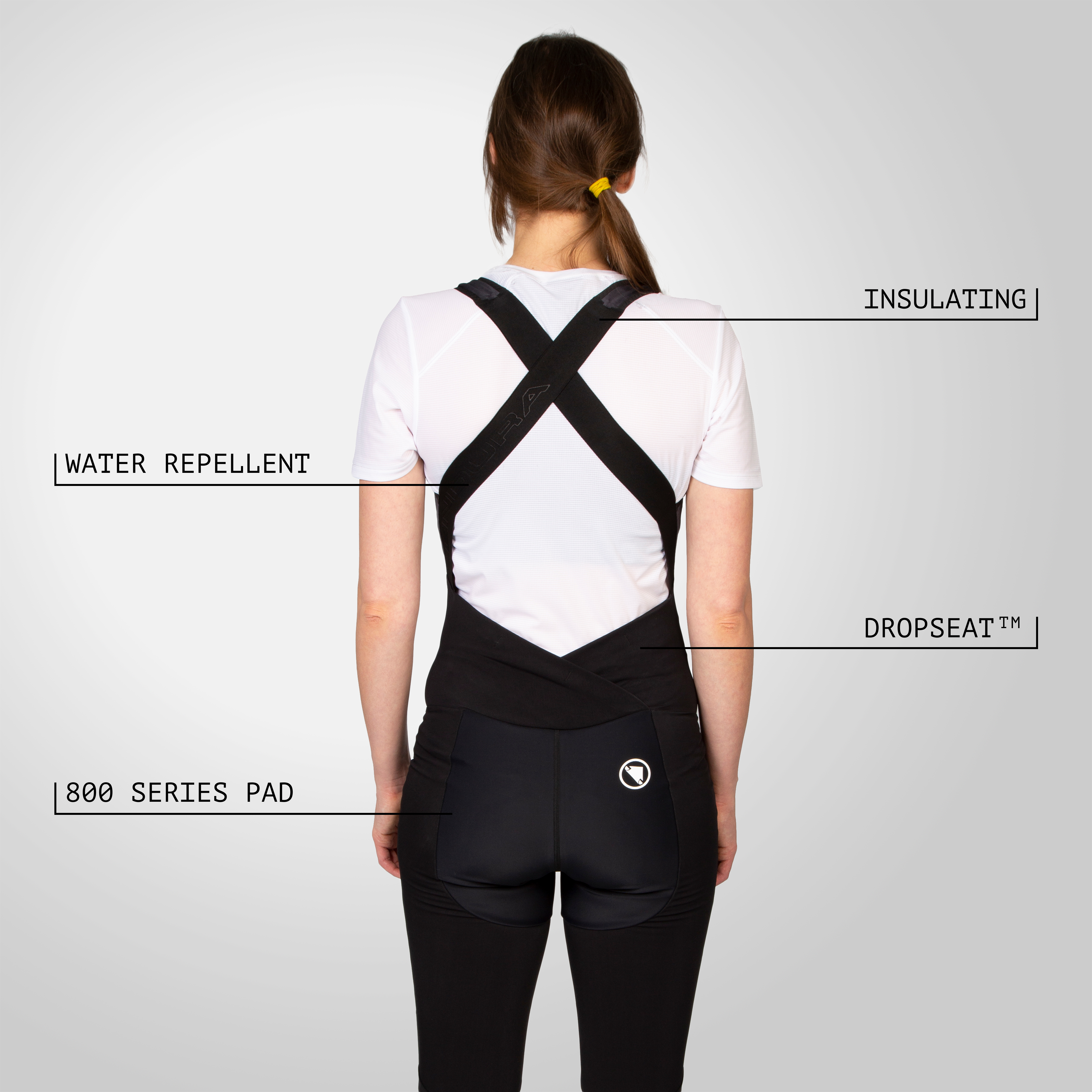 A person is shown from the back wearing black cycling bib shorts over a white t-shirt, with labels pointing to features including INSULATING, WATER REPELLENT, DROPSEAT, and 800 SERIES PAD.