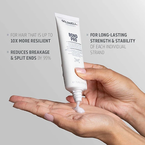 Image 1 - A persons hands are shown, with one hand squeezing a white tube of Goldwell Dualsenses Bond Pro product, dispensing a dollop into the other open palm, and the visible text reads FOR HAIR THAT IS UP TO 10X MORE RESILIENT, REDUCES BREAKAGE & SPLIT ENDS BY 99%, FOR LONG-LASTING STRENGTH & STABILITY OF EACH INDIVIDUAL STRAND, GOLDWELL DUALSENSES BOND PRO Day & Night Bond Booster For Weak, Fragile Hair Strength & Resilience From Root To Tip Reduces Breakage Instantly COLOR e 75 ml / 2.5 fl.oz. Image 2 - A white tube of Goldwell Dualsenses Bond Pro Day & Night Bond Booster, 75 ml / 2.5 FL.OZ., formulated for Strength & Resilience for Weak, Fragile Hair with Color Protection, is displayed on a grey background alongside text describing MICROPROTEC COMPLEX Innovative technology distributes essential care ingredients quickly and evenly for instant results you can see and feel. Image 3 - A white tube of Goldwell Dualsenses Bond Pro hair product with a translucent white cap is displayed on a blue-grey background, with the label text GOLDWELL. DUALSENSES BOND PRO DAY & NIGHT BOND BOOSTER BOND BOOSTER JOUR + NUIT BOND BOOSTER FÜR TAG & NACHT STRENGTH & RESILIENCE FOR WEAK, FRAGILE HAIR FORCE ET RÉSILIENCE POUR LES CHEVEUX FRAGILES ET CASSANTS KRAFT & WIDERSTANDSFÄHIGKEIT FÜR SCHWACHES, BRÜCHIGES HAAR COLOR PROTECTION e 75 mL / 2.5 FL.OZ., and accompanying certifications PETA APPROVED Global Animal Test Policy, ClimatePartner certified product climate-id.com/PBNVQ3, CO2 measure reduce contribute.