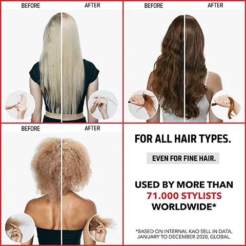 Image 1, BEFORE AFTER BEFORE AFTER BEFORE AFTER FOR ALL HAIR TYPES. EVEN FOR FINE HAIR. USED BY MORE THAN 71.000 STYLISTS WORLDWIDE* *BASED ON INTERNAL KAO SELL IN DATA, JANUARY TO DECEMBER 2020, GLOBAL. Image 2, DUALSENSES BOND PRO INTENSE TREATMENT 1 2 3 4 BOND PRO COLDWELL BOND PRO COLDWELL BOND PRO GOLDWELL BOND PRO CANAR FORTIFYING SHAMPOO 60SEC TREATMENT REPAIR & STRUCTURE SPRAY DAY & NIGHT BOND BOOSTER Wash Towel dry and gently. apply evenly. Towel dry and apply evenly. Process for Leave in. 60sec. Apply to the tips if necessary. Leave in. Rinse.