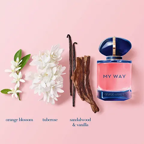 Image 1, orange blossom, tuberose, sandalwood and vanilla. Image 2, A fragrance designed to last