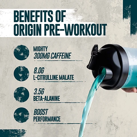 Image 1 - A graphic displaying the benefits of Origin Pre-Workout, with a shaker bottle pouring blue liquid on the right and a list on the left that reads: BENEFITS OF ORIGIN PRE-WORKOUT, MIGHTY 300MG CAFFEINE, 8.0G L-CITRULLINE MALATE, 3.5G BETA-ALANINE, BOOST PERFORMANCE. Image 2 - A vibrant quad-panel image showing orange, green, teal, and magenta bubbly liquids, with a white banner across the center reading REFRESHINGLY FRUITY FLAVOURS. Image 3 - A comparison chart against a blurred background of a persons muscular body displays three pre-workout products, an orange pouch, a white tub, and a dark tub, under the title Choose Your Pre-Workout; the chart details the Impact Pre-Workout with Focus and Pump ratings and Key Ingredients: 150MG CAFFEINE, 3G L-CITRULLINE MALATE, 1.6G BETA-ALANINE; the Origin Pre-Workout with Focus and Pump ratings and Key Ingredients: 300MG CAFFEINE, 8G L-CITRULLINE MALATE, 3.5G BETA-ALANINE; and The Pre-Workout with Focus and Pump ratings and Key Ingredients: 200MG CAFFEINE, 250MG COGNIZIN, 3G CREATINE. Image 4 - A hand pours powder into a clear shaker bottle containing pink liquid, positioned next to a white Myprotein Origin Pre-Workout supplement tub, with the image displaying the text ROOTED IN THE ORIGINS OF LIFTING, BUILT FOR THOSE WHO PUSH HARDER, DEMAND MORE, AND NEVER SETTLE, and the product labels MYPROTEIN on the shaker and MYPROTEIN ORIGIN PRE-WORKOUT STRAWBERRY LACES 300g 3.5g on the tub. Image 5 - A muscular man with a beard drinks a blue liquid from a white and clear shaker bottle in a gym setting, with text that reads: UKS NO. 1 SPORTS NUTRITION BRAND CONSISTENCY, QUALITY, AND OVER 20 YEARS OF GETTING IT RIGHT. BACKED BY EUROMONITOR, THE GLOBAL AUTHORITY ON MARKET DATA. SOURCE EUROMONITOR INTERNATIONAL LIMITED: CONSUMER HEALTH 2025 EDITION, RETAIL VALUE SALES (RSP), ALL RETAIL CHANNELS, 2024 DATA. Image 6 - A muscular man wearing a grey Myprotein tank top in a gym setting has an overlay with text that reads THIS STUFF WORKS! THE PERFECT PRE-WORKOUT MYPROTEIN COMMUNITY MEMBER and a Trustpilot logo showing 4.4 based on over 194k reviews.