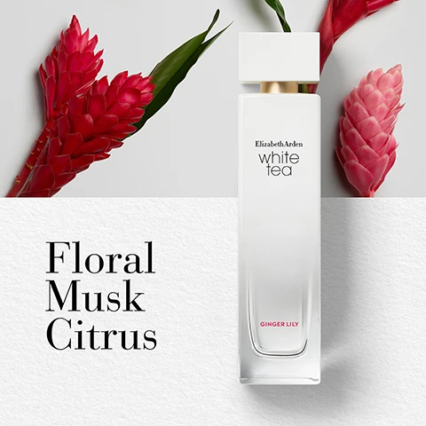Image 1 - A transparent bottle of Elizabeth Arden White Tea perfume is placed against a light background, surrounded by red tropical flowers and green leaves, with the text Floral Musk Citrus and Ginger Lily displayed next to the bottle.
              Image 2 - Image shows a visually appealing arrangement of three images: on the left, cut oranges revealing their juicy segments; in the center, vibrant red ginger lily blossoms; and on the right, pieces of light brown cedarwood, titled Key Notes with text indicating Top Orange Bitter Italy, Heart Ginger Lily Blossom, and Base White Cedarwood.