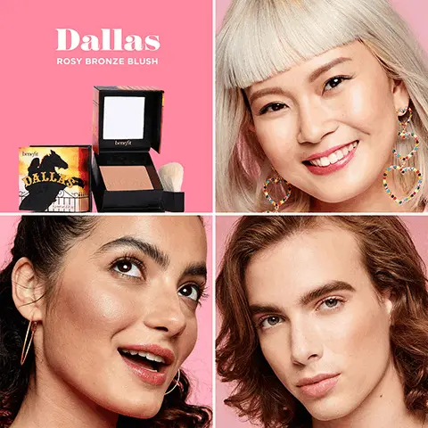 image 1, Dallas rosy bronze blush. image 2, Full size vs Mini. image 3, powder blush shade swatches on three different skin tones