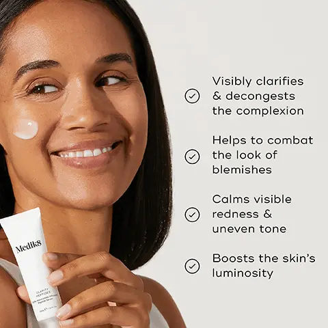 Image 1, Medik8 Visibly clarifies & decongests the complexion Helps to combat the look of blemishes Calms visible redness & uneven tone Boosts the skin's luminosity Image 2, AM PM HOW TO LAYER Mediks Mediks Mediks Mediks CLEANSE TONE TARGET SUNSCREEN Modis Mediks Mediks Mediks CLEANSE TARGET VITAMIN A MOISTURISE