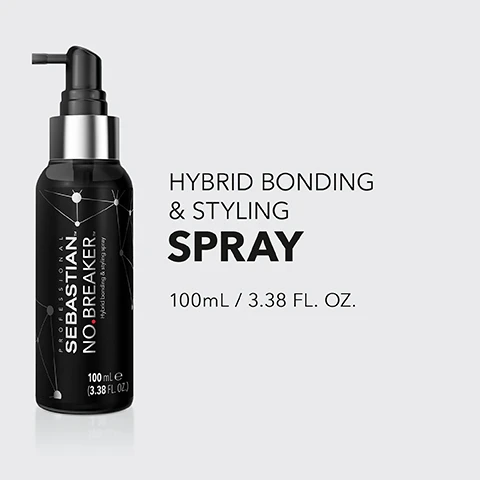 Image 2 - A black spray bottle labeled SEBASTIAN NO.BREAKER with a pump top, accompanied by the text HYBRID BONDING & STYLING SPRAY 100mL / 3.38 FL. OZ.
              Image 4 - Image showing instructions for hair product use with icons; the visible text reads HOW TO USE, SHAKE, SPRAY EVENLY ON DAMP HAIR FROM ROOTS TO ENDS, BLOW DRY AND STYLE AS USUAL, FOR BEST RESULTS USE 1X PER WEEK.
              Image 5 - Image shows two side-by-side comparisons of hair; the left side has curly, textured hair labeled as BEFORE and the right side displays smooth, straight hair labeled as WITH THE NO.BREAKER SYSTEM, with additional text that reads *After application of pre-shampoo, mask, spray, leave-in cream, and styling.
              Image 6 - A model with long, wavy hair wearing a light-colored top is featured on a simple background, promoting the No.Breaker Bonding System for stronger and deeply nourished hair, with text highlighting benefits and a disclaimer about breakage comparison.
              Image 7 - Image shows molecular structures on a light background with the text FORMULATED WITH APPLE ACID, CARING INGREDIENTS AND STYLING POLYMERS* *When using as a system.