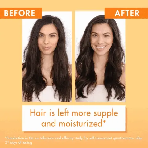 Image 1, before and after model shot, hair is left more supple and moisturized. Image 2, Mango: The cold pressed butter is shown to provide nourishment and hydration to dry, dehydrated hair.