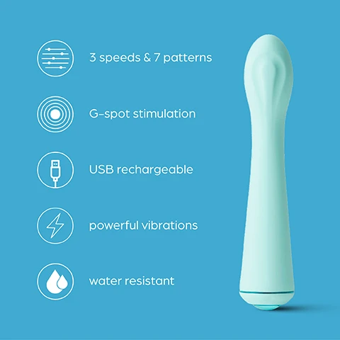 Image 1 - A light blue vibrator is shown against a blue background, with icons and text indicating features: 3 speeds & 7 patterns, G-spot stimulation, USB rechargeable, powerful vibrations, and water resistant.
              Image 2 - Image of a sleek, curved vibrator with a soft blue tip, accompanied by text that reads Curved Tip The curved tip is perfect for hitting that elusive G-spot as well as clitoral stimulation.
              Image 3 - A close-up image of a teal vibrator with an icon of sound waves above it, accompanied by the text Powerful vibrations The powerful vibrations deliver a range of settings to choose from.
              Image 4 - A hand is holding a light blue vibrator with a curved tip against a solid teal background, accompanied by text that reads G-spot stimulation Angle and flex the internal stimulator for G-spot satisfaction.