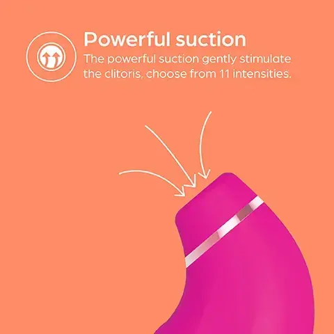 Image 1 - An illustration of a pink device designed for intimate stimulation, with arrows indicating suction, accompanied by text that reads Powerful suction The powerful suction gently stimulates the clitoris, choose from 11 intensities.
              Image 2 - A pink personal massager with a curved shape is displayed on an orange background, accompanied by icons and text highlighting features such as powerful suction, 11 suction intensities, pinpoint stimulation, latex and phthalate free, and water resistant.Image 3 - A close-up image of a pink device with a circular opening, surrounded by abstract lines representing suction, on an orange background, with the text Pinpoint stimulation Precise suction stimulation targets the clitoris & external erogenous zones.