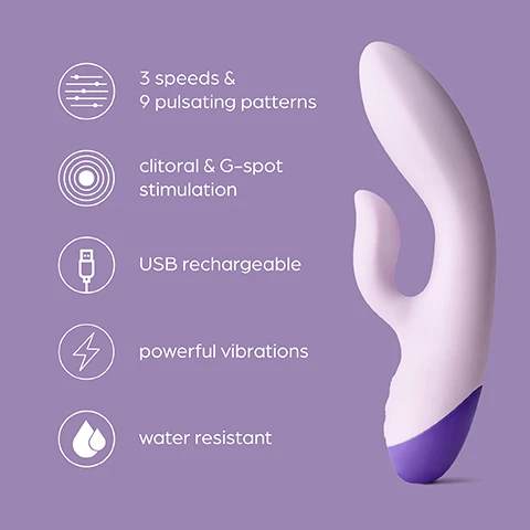 Image 1 - A purple and white vibrator is shown, featuring three speeds, nine pulsating patterns, clitoral and G-spot stimulation, USB rechargeable capability, powerful vibrations, and water resistance, with icons representing these features alongside the descriptions.
              Image 2 - A pink dual-action vibrator is displayed against a light purple background, featuring a rounded tip and a small, curved extension, with the text: Dual pleasure Enjoy 12 pleasure functions for clitoral and G-spot stimulation.
              Image 3 - A purple background features a smooth, flexible sex toy designed for G-spot and clitoral stimulation, with text that reads Incredibly flexible Angle and flex the internal & external stimulator for G-spot & clitoral satisfaction.
              Image 4 - A purple and white USB rechargeable vibrator is shown with a charging cable connected, accompanied by text that reads USB rechargeable Dont let the pleasure stop, with easy USB recharging.
              Image 5 - A hand is holding a purple vibrator with water splashes around it, and there is text above stating Water resistant The vibrator is fully submergible for use in the bath or shower.
              Image 6 - Image of a purple vibrator showing its measurements, with labeled points indicating the insertable length of 5.1 inches, widest point of 1.3 inches, and stimulator height of 1.9 inches, along with the text Measurements.