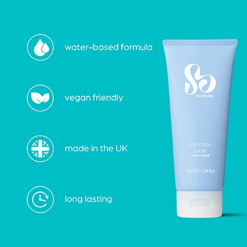 Image 1 - A light blue tube of intimate lube on a teal background, featuring icons and text that state water-based formula, vegan friendly, made in the UK, and long lasting.
              Image 2 - A person is squeezing a light blue tube of lubricant into their hand with a background in solid teal, featuring the text Long lasting and This slick formula is incredible smooth and long lasting for those intimate moments.
              Image 3 - A hand holds a blue tube of lubricant with a logo, set against a bright turquoise background; visible text includes Vegan friendly and All of our lubricants are vegan-friendly and dermatologically tested.
              Image 4 - A tube of intimate lubricant with a light blue background, featuring text that reads Water-based formula and The water-based formula is compatible for all types of sex toys & latex condoms.
              Image 5 - A light blue tube of intimate lube labeled So Divine with text indicating it is made in the UK and manufactured using high quality ingredients.