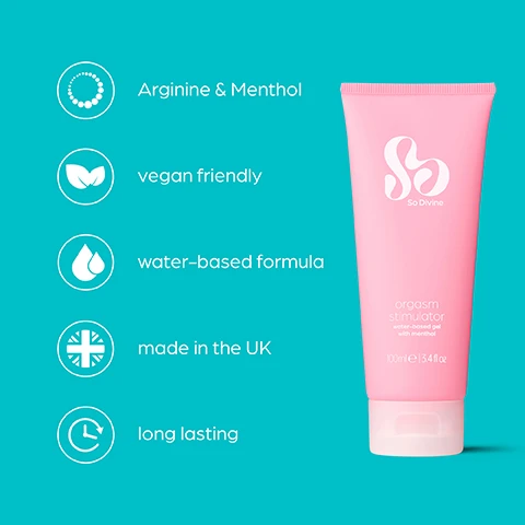Image 1 - A pink tube of So Divine orgasm stimulator gel with labels indicating arginine and menthol, vegan friendly, water-based formula, made in the UK, and long lasting.
              Image 2 - A pink tube of lubricant with splashes of liquid against a turquoise background, featuring the text Water-based formula The water-based formula is compatible for all types of sex toys & latex condoms.
              Image 3 - A person is holding a pink tube of lubricant against a bright turquoise background, with text that reads Vegan friendly All of our lubricants are vegan-friendly and dermatologically tested.
              Image 4 - Several pink tubes of a product are arranged in a pattern on a turquoise background, with the text Arginine & Menthol giving a teasing tingle when applied, helping to enhance sensations.
              Image 5 - A pink tube of gel labeled So Divine with text stating orgasm stimulator water-based gel with menthol on a turquoise background, accompanied by icons indicating it is made and manufactured in the UK using high-quality ingredients.