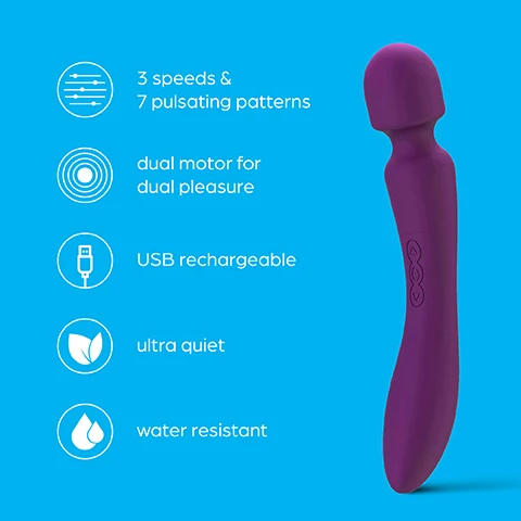 Image 1 - A purple vibrator standing upright against a bright blue background, with icons and descriptive text indicating 3 speeds & 7 pulsating patterns, dual motor for dual pleasure, USB rechargeable, ultra quiet, and water resistant.
              Image 2 - An image of a purple wand vibrator is shown against a bright blue background, accompanied by the text 3 Speeds & 7 patterns Both ends of the wand have 3 speeds and 7 patterns for a variety of fun.
              Image 3 - A person holds a purple double-ended wand massager with a smooth design on a bright blue background, and the image includes the text Dual motor & pleasure Take your pick, the double ended wand has an internal & external massager.
              Image 4 - A purple vibrator is shown against a light blue background with sound wave graphics, and the text reads Ultra quiet The quiet vibe ensures discretion when needed.
              Image 5 - A purple vibrator positioned against a bright blue background, with a USB charging cable attached, and the text USB rechargeable Dont let the pleasure stop, with easy USB recharging... displayed above the product.