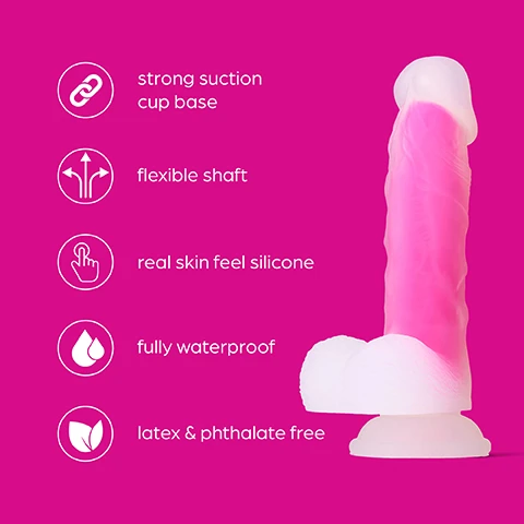 Image 1 - A pink silicone sex toy with a strong suction cup base and a flexible shaft is displayed against a bright pink background, featuring labels highlighting its attributes: strong suction cup base, flexible shaft, real skin feel silicone, fully waterproof, and latex & phthalate free.
              Image 2 - A realistic, curved, pink and white silicone dildo with a strong suction cup base is shown on a vibrant pink background, alongside text that reads Strong suction cup base Allows you to close your eyes and enjoy a thrilling climax hands-free!
              Image 3 - A person holding a pink silicone sex toy with a ribbed shaft and swollen head against a bright pink background, accompanied by the text Super soft Silicone Real skin feel with its ribbed shaft & swollen head makes it feel like the real deal.
              Image 4 - A person holds a translucent dildo featuring a pink insertable section, with text stating 7 Inches of pleasure, 6 Inches insertable length will fulfil cravings for a deep penetration.
              Image 5 - A realistic silicone dildo with a flexible shaft designed for internal stimulation on a bright pink background, with the text Flexible Shaft Angle to stimulate your internal spots and satisfy your desire with this real lifelike dildo.