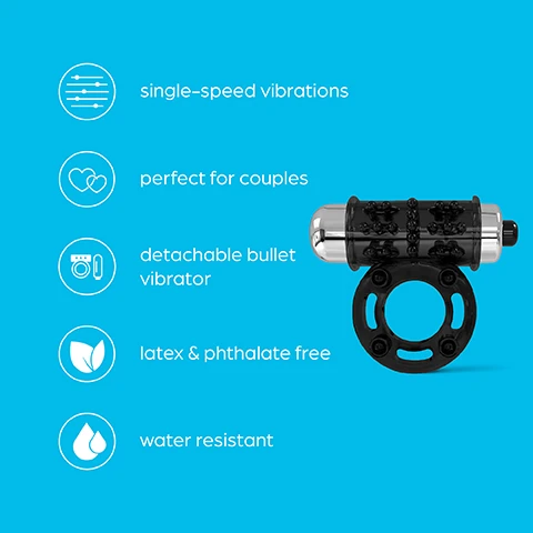 Image 1 - Image of a black and silver detachable bullet vibrator on a bright blue background, accompanied by icons and text that state: single-speed vibrations, perfect for couples, detachable bullet vibrator, latex & phthalate free, and water resistant.
              Image 2 - A black and silver vibrating device with a textured surface on a circular base, with the text Single-speed vibrations Easy to use and the perfect toy for beginners displayed above it.
              Image 3 - A two-in-one ring designed for couples features a metallic section and a textured black portion, with visible text stating Perfect for couples The 2in1 ring is designed to thrill partners simultaneously.
              Image 4 - Image of a removable bullet vibrator with a black textured surface and a silver end, placed on a bright blue background, accompanied by text that reads Removable bullet Enjoy pinpoint stimulation on the external pleasure zones.
              Image 5 - An image of a water-resistant vibrator designed for use in the bath or shower, with splashes of water around it and text above indicating its features. Visible text: Water resistant The vibrator is fully submersible for use in the bath or shower.