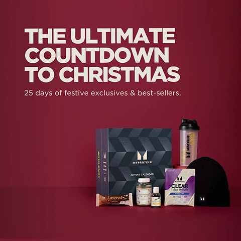 Image 1 - A dark red background displays various Myprotein brand products, including a black advent calendar box, a clear shaker bottle with black lid, a black beanie, a brown protein bar, a glass jar of capsules, a small liquid supplement bottle, and a purple sachet, alongside the text THE ULTIMATE COUNTDOWN TO CHRISTMAS, 25 days of festive exclusives & best-sellers, MYPROTEIN ADVENT CALENDAR, MOVE CLUB, Layered, Multi Vitamin & Mineral, and MYPROTEIN CLEAR WHEY ISOLATE. Image 2 - A stack of three white chocolate covered treats with caramel drizzle, layered on square cookie pieces, against a warm brown background, with text that reads Unwrap £111.99 of Treats for Only £68.99.